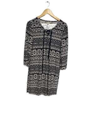 Tacera Women's Black and White Tribal Geometric Print Lace-Up Tunic Dress